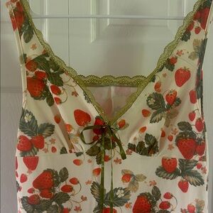 Cider Strawberry Print Dress with Green Lace